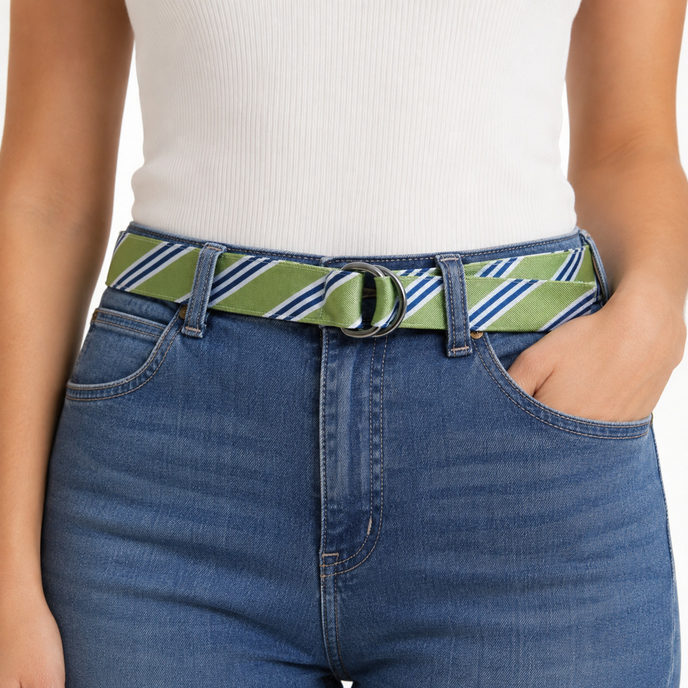 J Crew 100% Silk Green Blue Striped Adjustable Belt Academia Preppy sz S / M